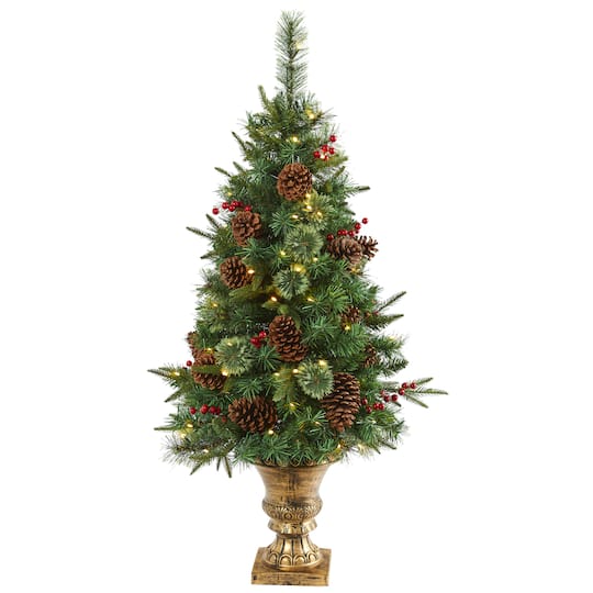 4ft. Pre-Lit Pine Artificial Potted Christmas Tree with Pinecone & Berries, Clear LED Lights